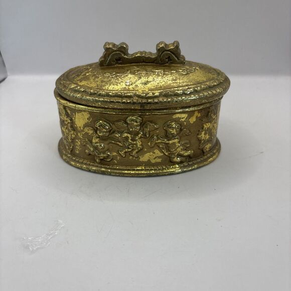 Pacific Rim Import Corp Distressed Gold Tone Trinket Box Cherubs - Picture 1 of 8